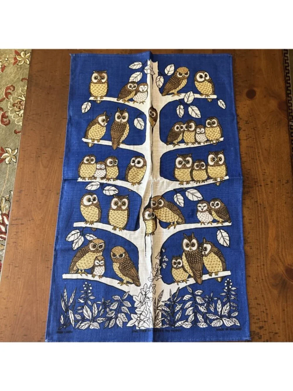 Vintage Linen ULSTER OWL TREE Tea Towel Wall Art MOD 29 X 18  Irish Ireland